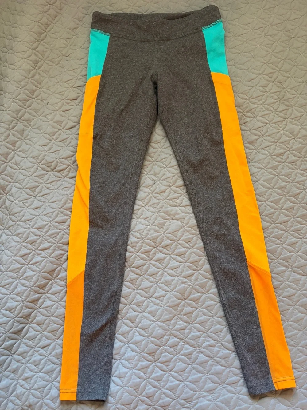 ALO Yoga Ascendent Gray Leggings with Orange & Teal Panels